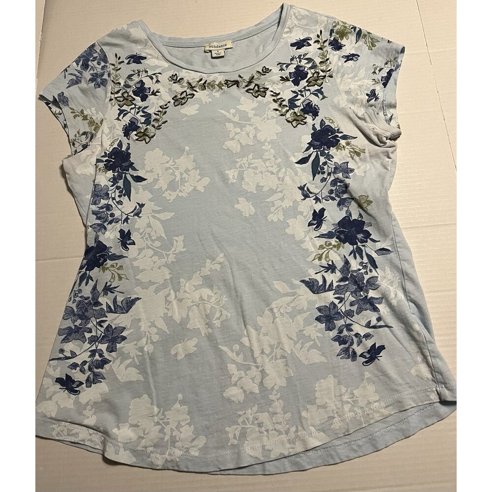 Sundance Embroidered Floral T-Shirt Top Light Blue Short Sleeve Womens Small